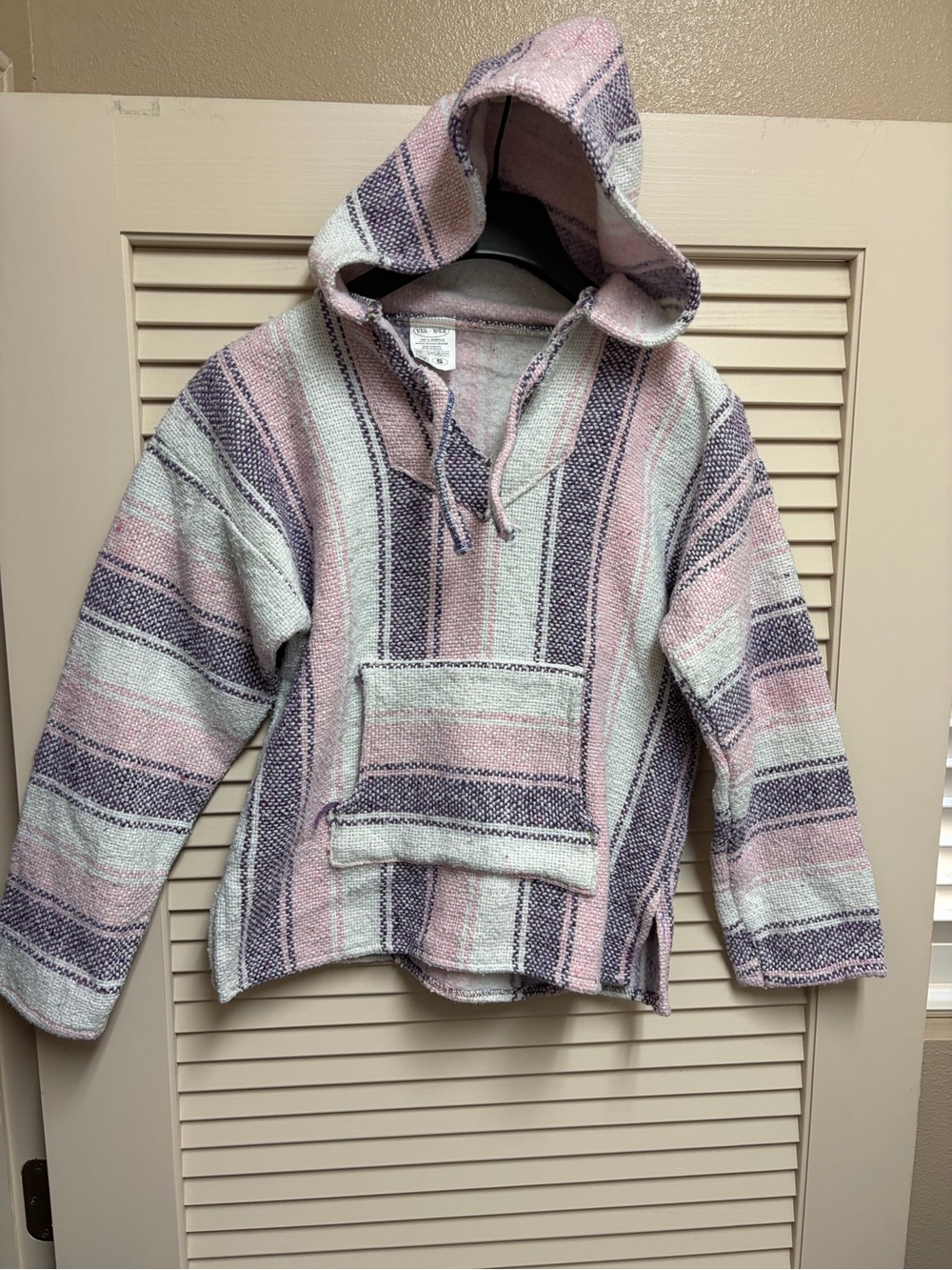 Vel-Mex Baja Hoodie Drug Rug Pullover Pink Purple Striped Small Boho Skater
